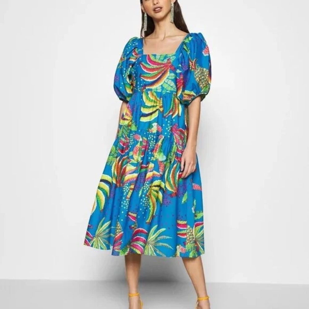 Tropical Blue Puff Sleeve Dress, xs , FARM RIO